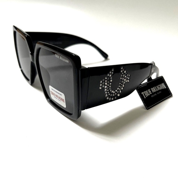 New Original TRUE RELIGION Square Sunglasses Oversized Acetate Black Rhinestones - Picture 1 of 9
